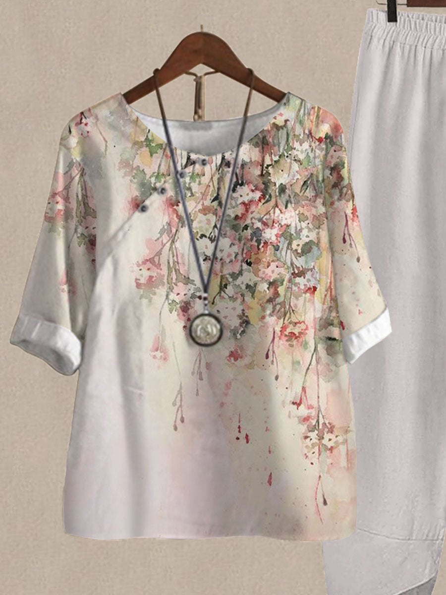 Watercolor Botanical Floral Print Casual Two Piece Set