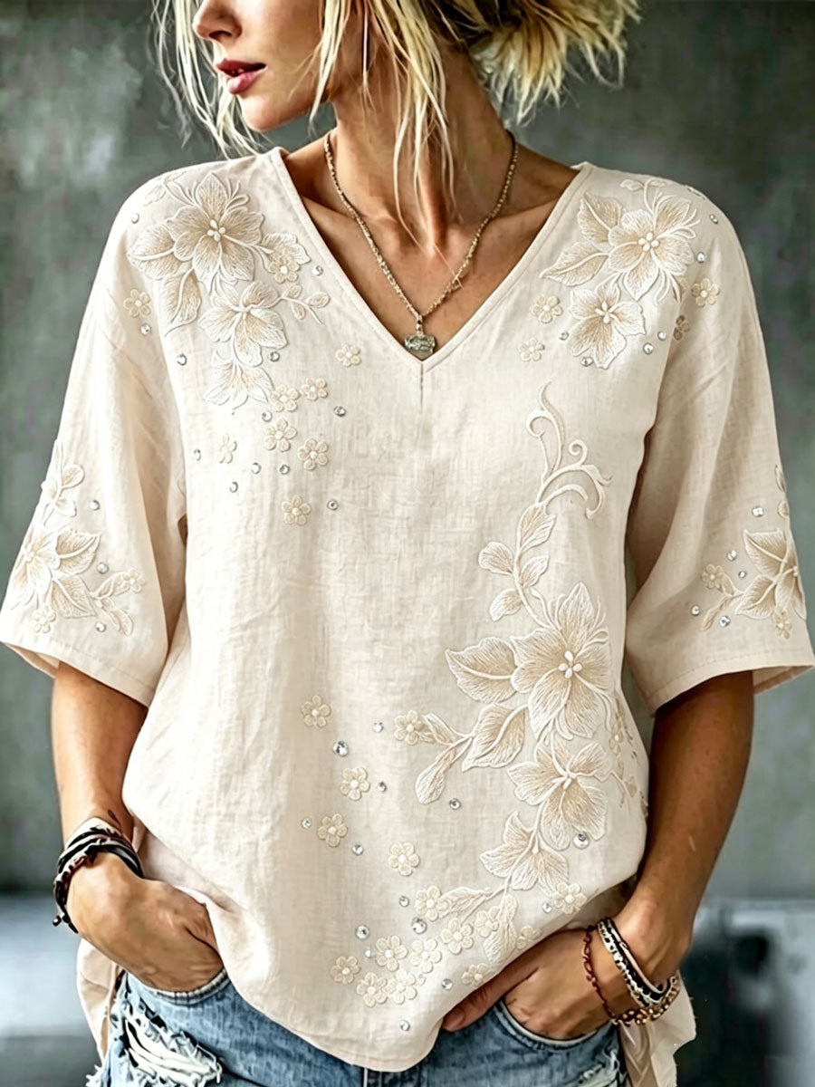 Women's cotton linen flower V-neck short sleeved shirt