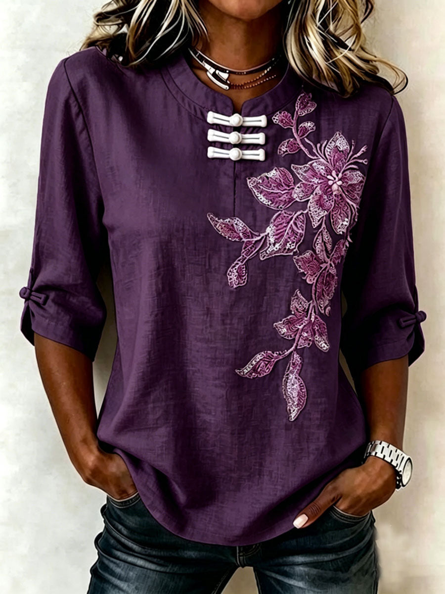 Women'S Cotton Linen Flower Pattern Three Quarter Sleeve Button Top