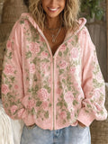 Women's Breast Cancer Awareness Flower Print Zipper Hoodie