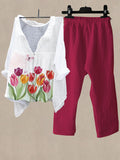Women's Floral Print Shirt Collar Top And Casual Pants Linen Two Pieces