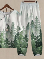 Forest Botanical Print Casual Two-piece Suits