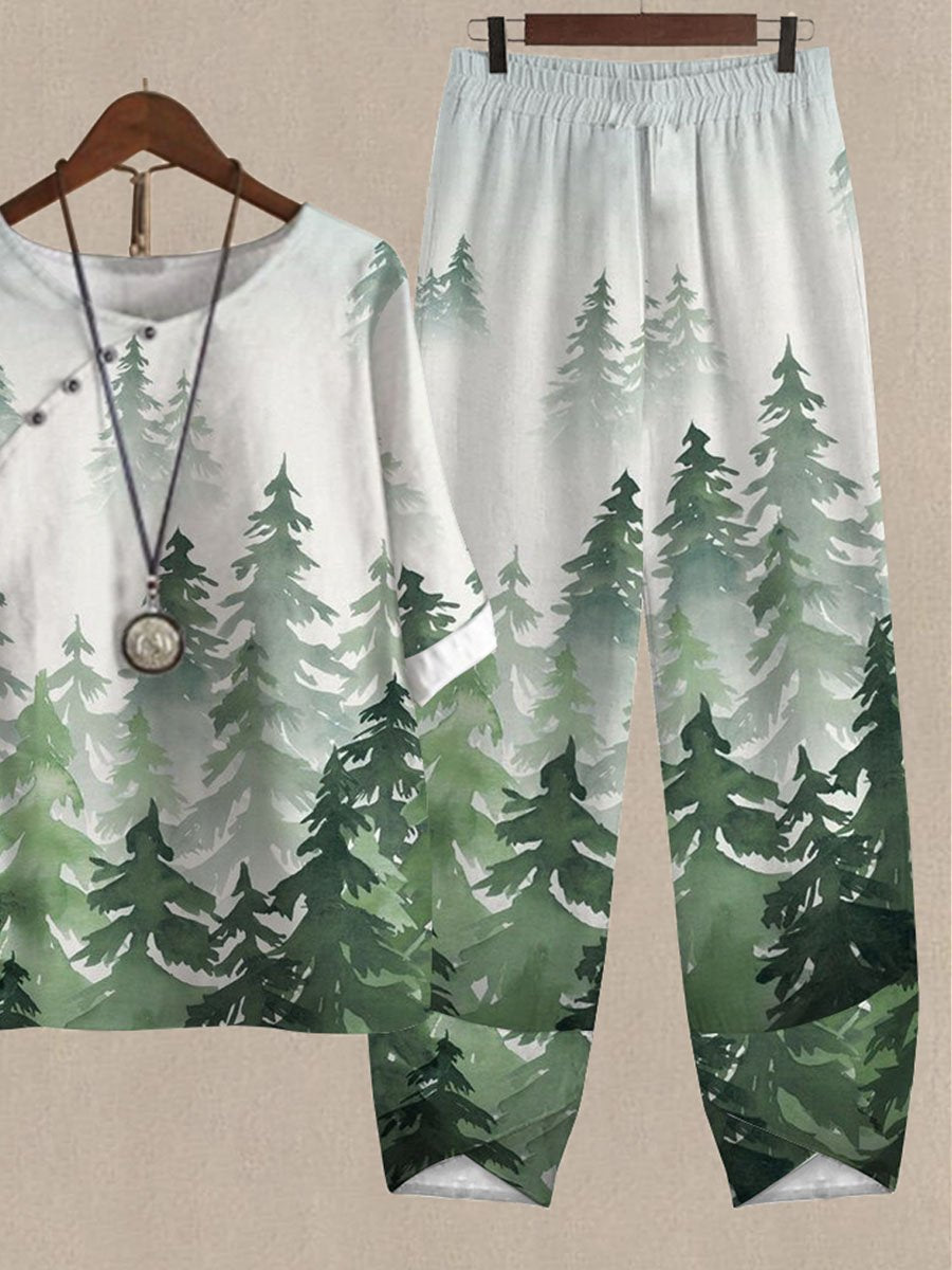 Forest Botanical Print Casual Two-piece Suits