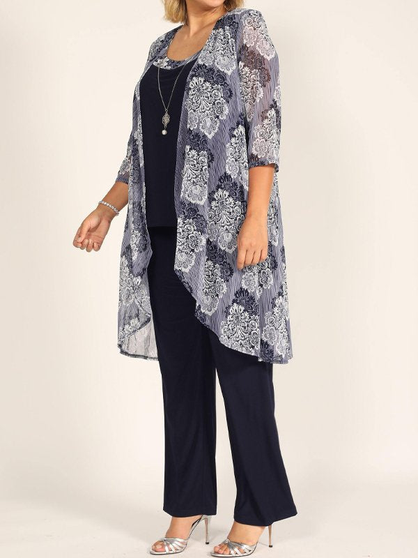 Three-Piece Suit Of Round Neck Printed Vest And Jacket With Trousers