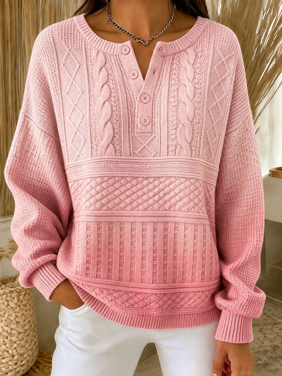 Women'S Casual Printed Henry Button Striped Knitted Top