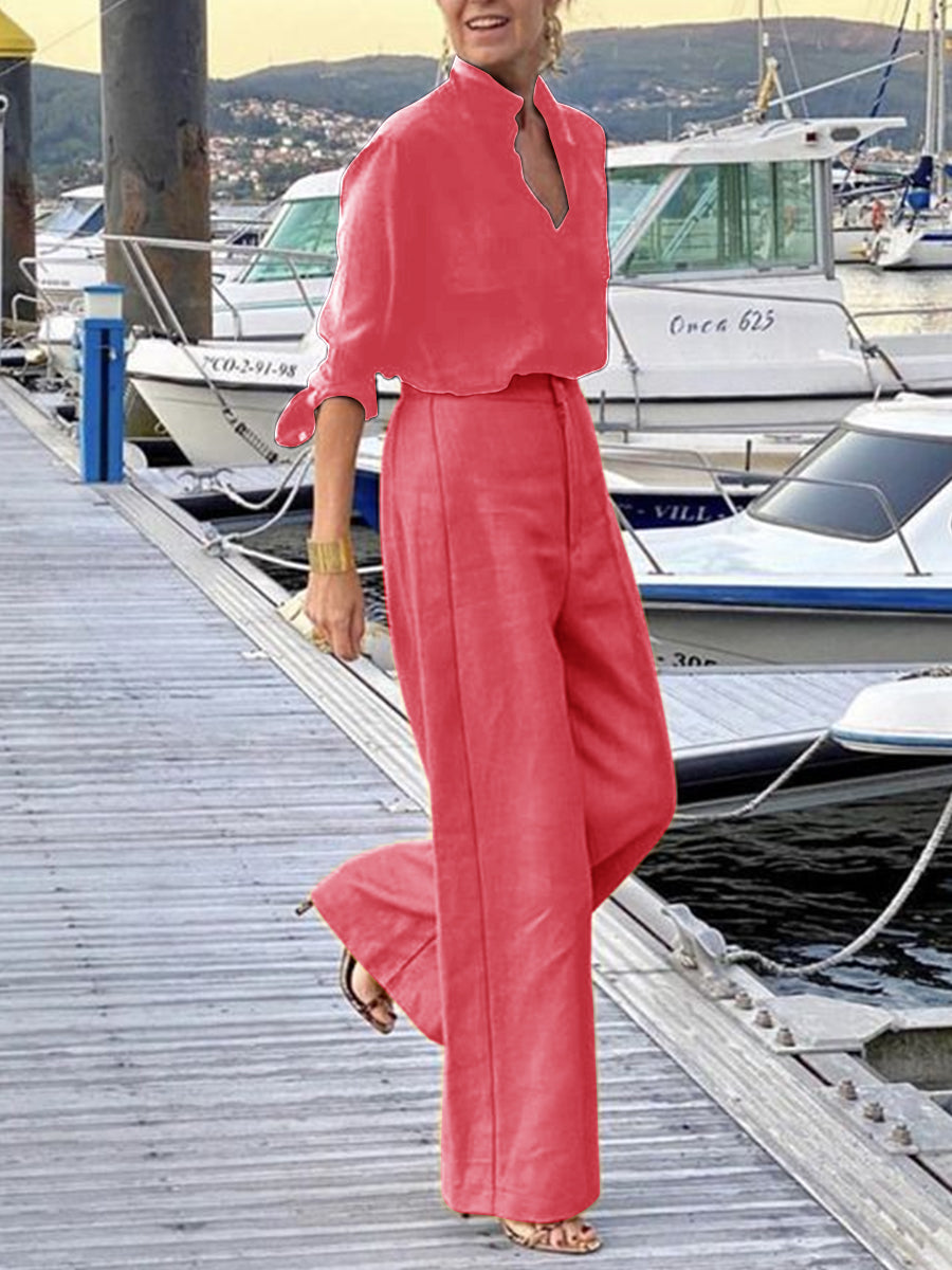 Elegant Solid Color V Neck Half Sleeve Top With Pants Set