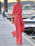 Elegant Solid Color V Neck Half Sleeve Top With Pants Set