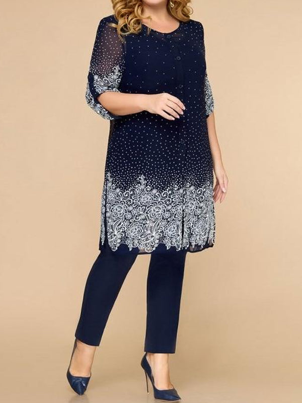 Three-Piece Suit Of Round Neck Vest Printed Long-Sleeved Top Coat And Trousers