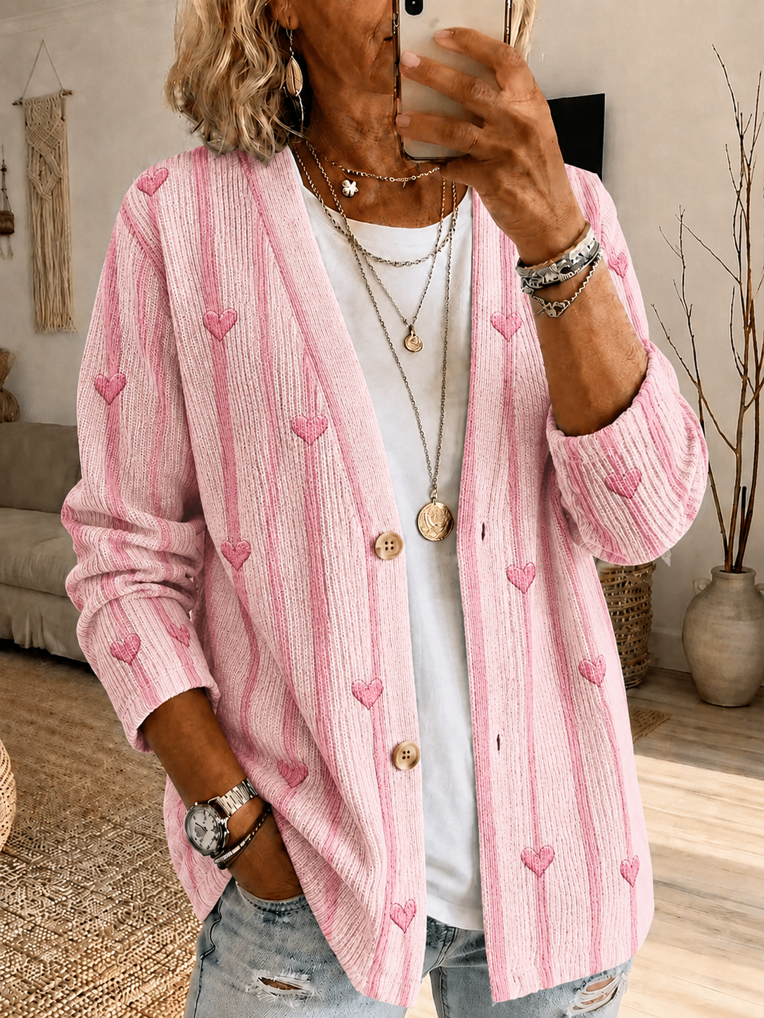 Women's Striped Heart Striped Pattern Knitted Cardigan