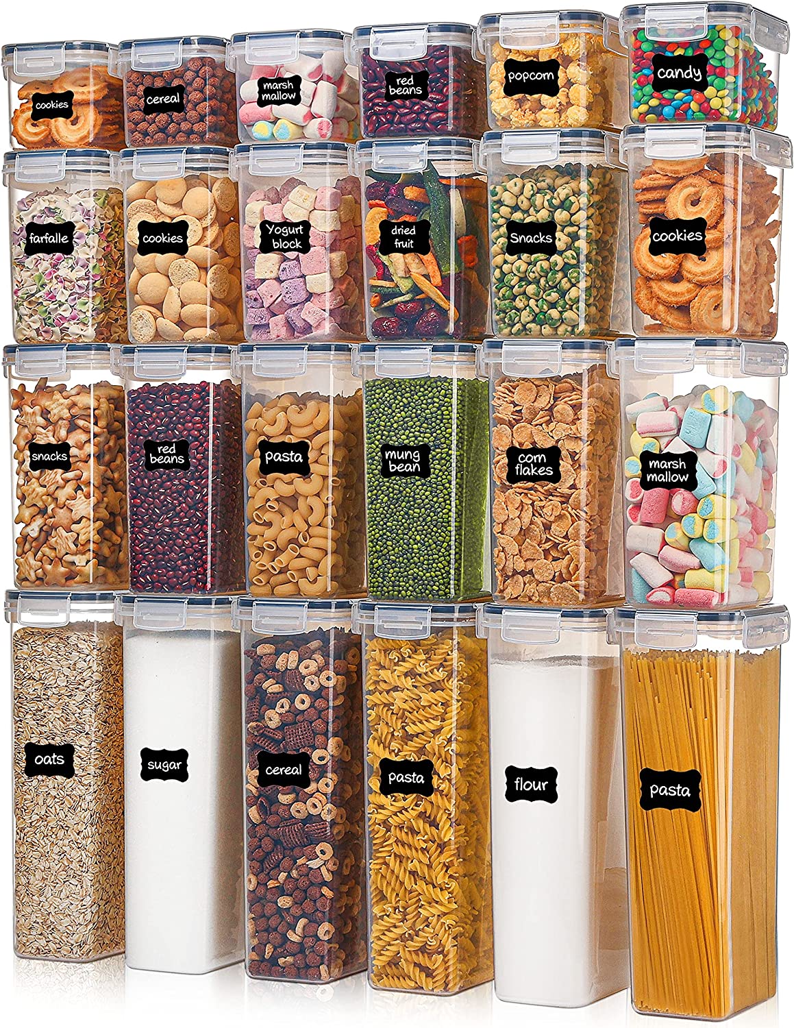 24 pcs Plastic Kitchen and Pantry Organization Canisters for Cereal, Dry Food, Flour and Sugar