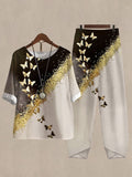 Linen Casual Women's Gold Butterfly Print Two Pieces Set