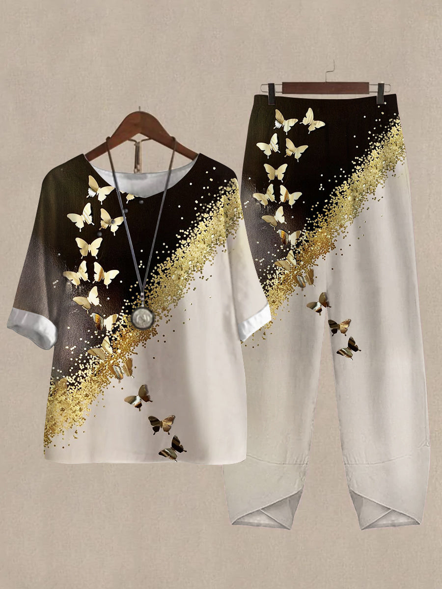 Linen Casual Women's Gold Butterfly Print Two Pieces Set