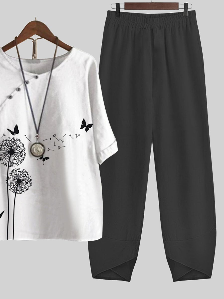 Dandelion Butterfly Print Top And Pants Two-piece Suits
