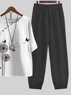 Dandelion Butterfly Print Top And Pants Two-piece Suits