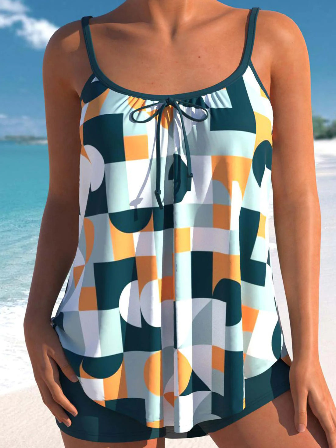 Geometric Print Bowknot Tankini Set