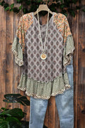 Casual Graphic-print Paneled Floral Ruffle Top