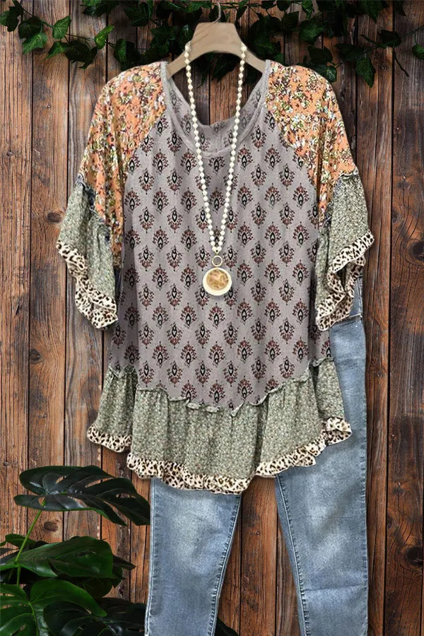 Casual Graphic-print Paneled Floral Ruffle Top