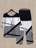 Linen Casual Women's Color Block Print Two Pieces Set