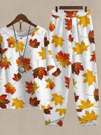 Maple Leaf Print Casual Two Piece Suits