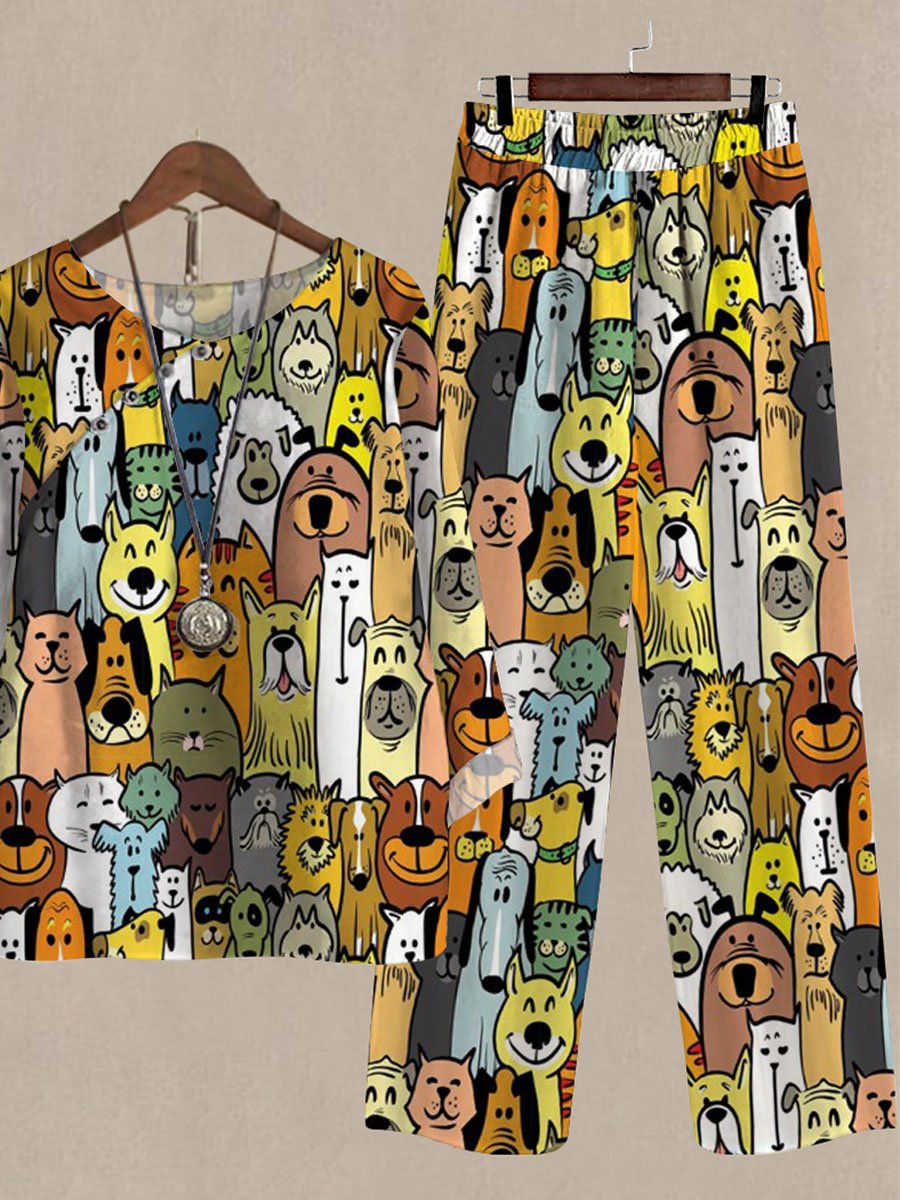 Spring And Autumn Multicolor Cartoon Puppy Print Two-piece Suits