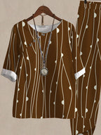 Vintage Line Print Casual Two Piece Suits