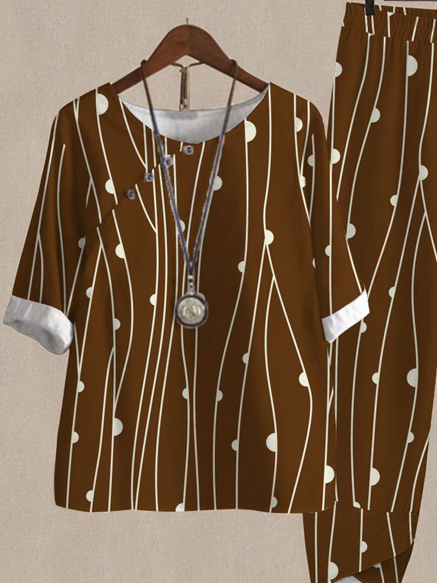 Vintage Line Print Casual Two Piece Suits