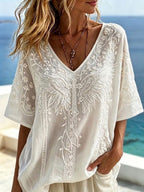 Women's Floral Art Cotton Linen V-Neck Short Sleeved Top