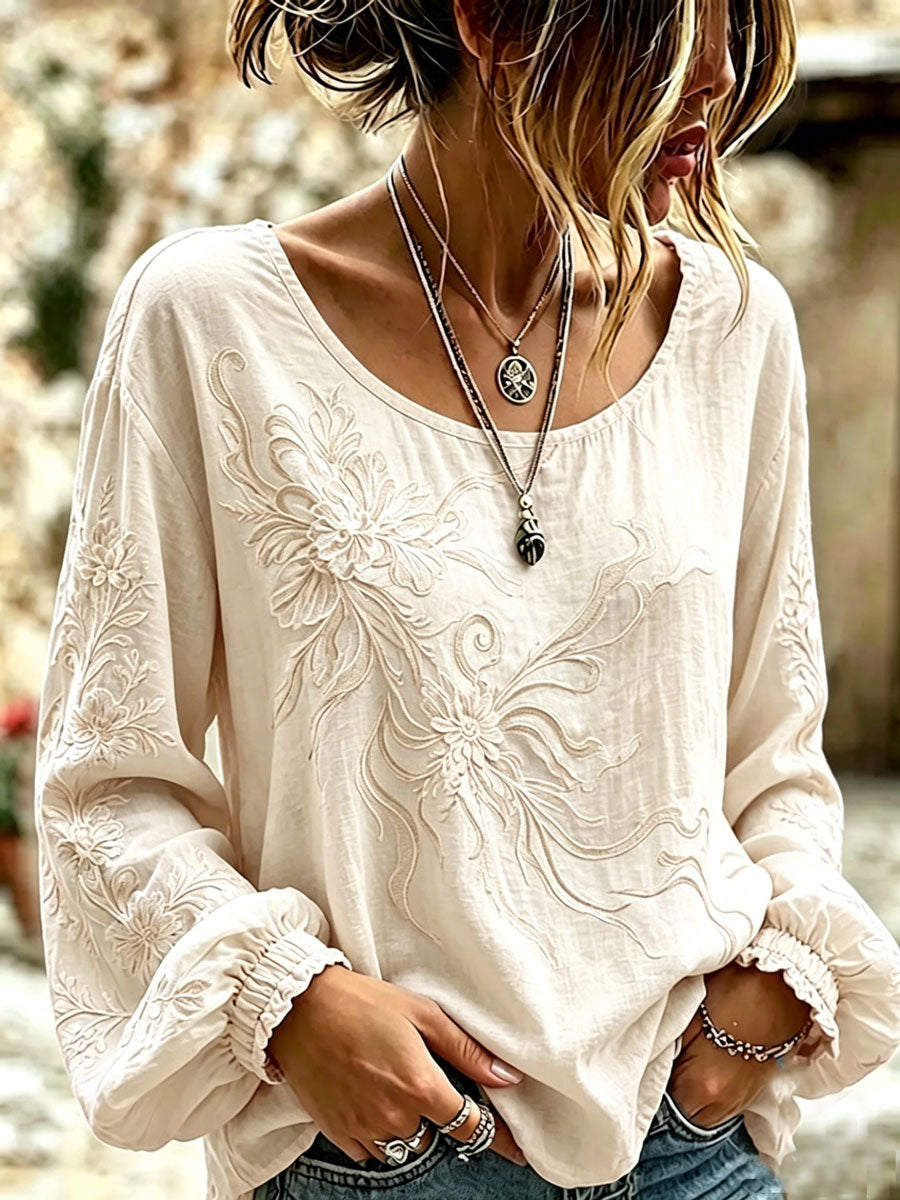Women'S Casual Floral Cotton Linen Long Sleeved Shirt