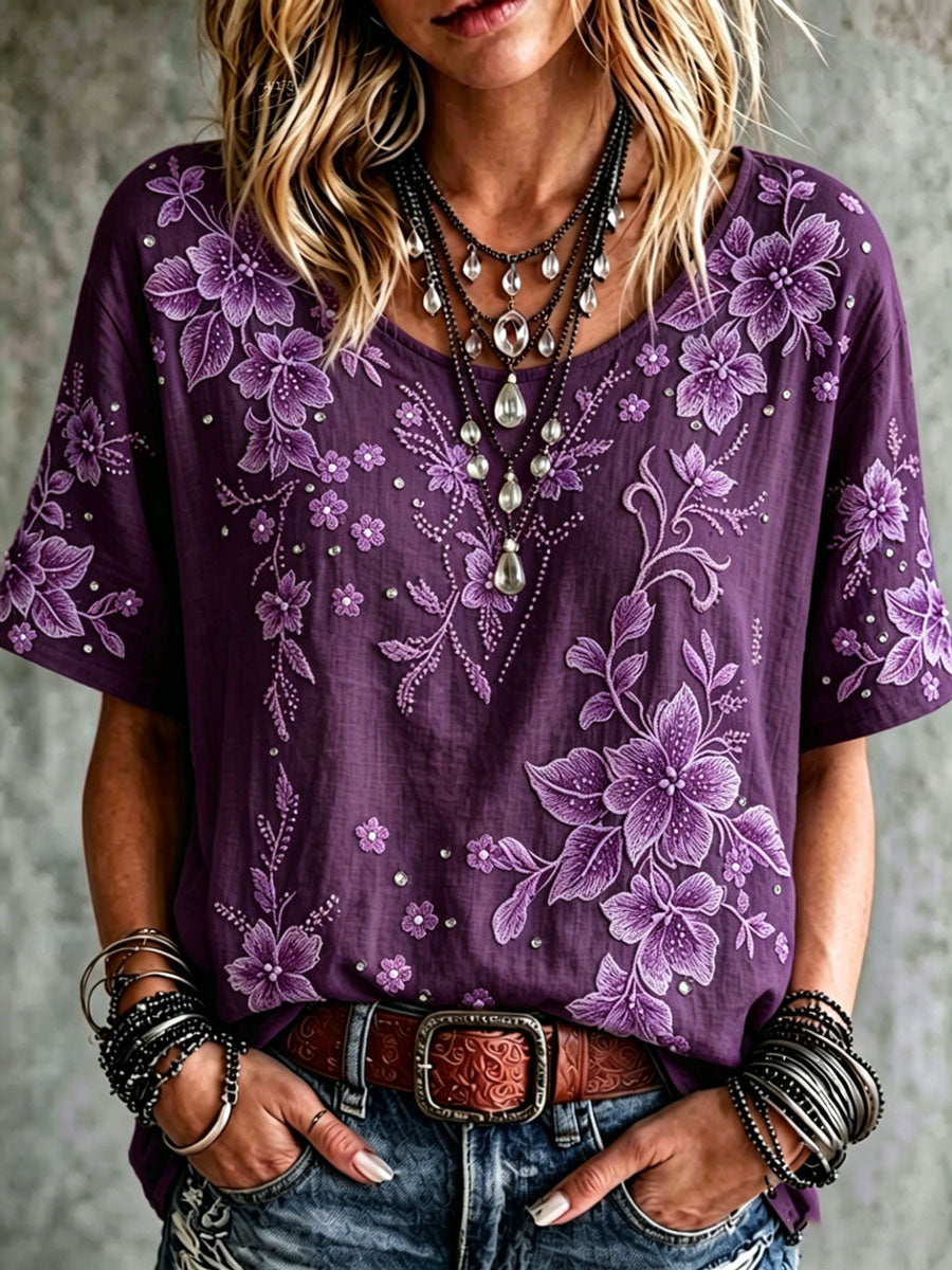 Women'S Cotton Linen Flower Short Sleeve Cotton Linen Shirt