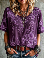 Women'S Cotton Linen Flower Short Sleeve Cotton Linen Shirt