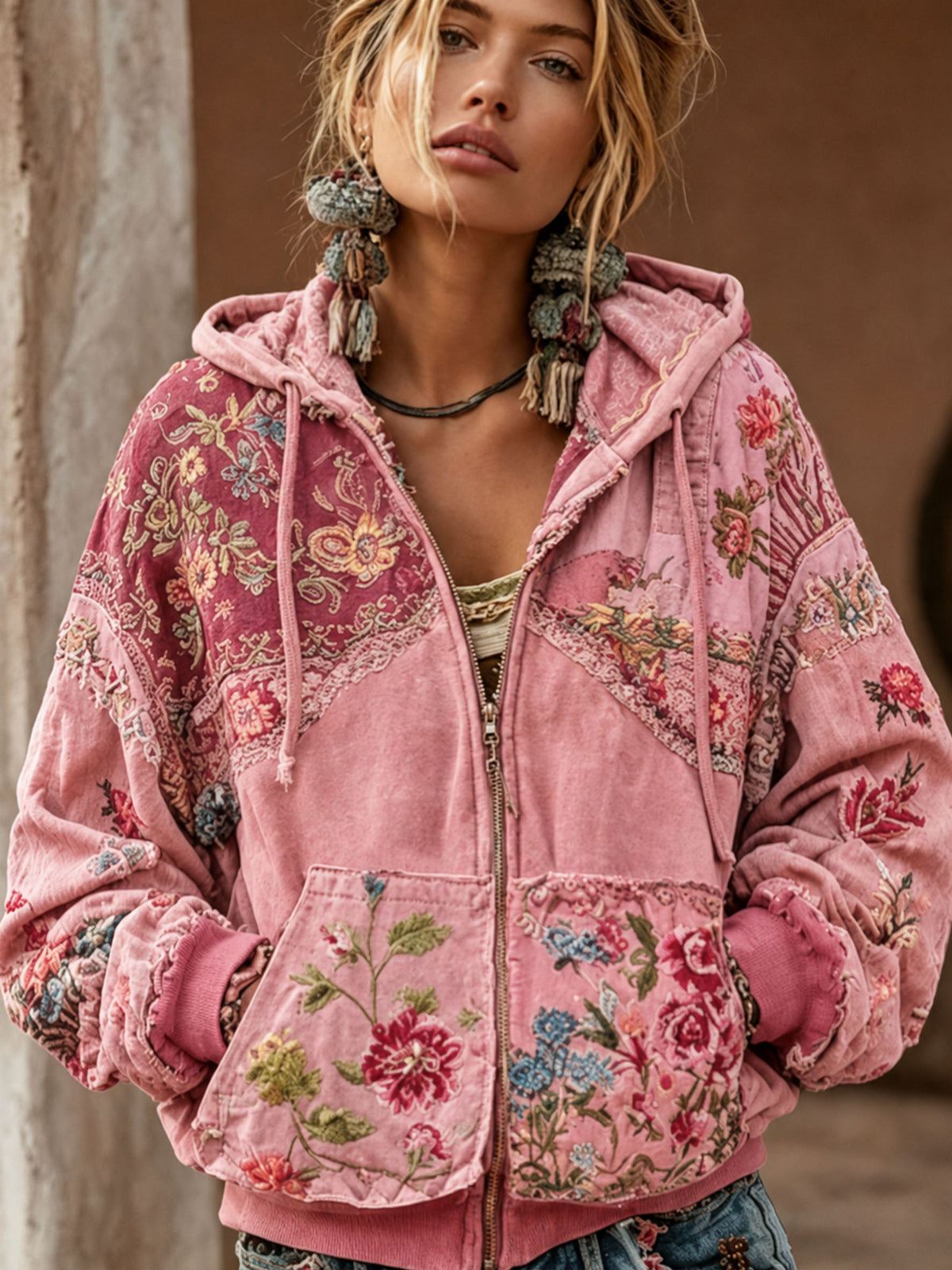 Women's Breast Cancer Awareness Flower Print Zipper Hoodie