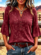 Women'S Casual Top With Ruffled Sleeves And Floral Pattern