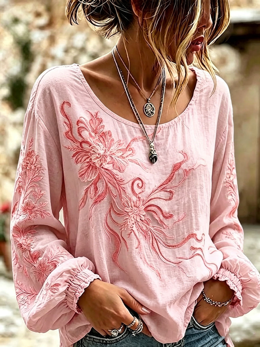 Women'S Casual Floral Cotton Linen Long Sleeved Shirt