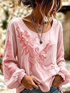 Women'S Casual Floral Cotton Linen Long Sleeved Shirt