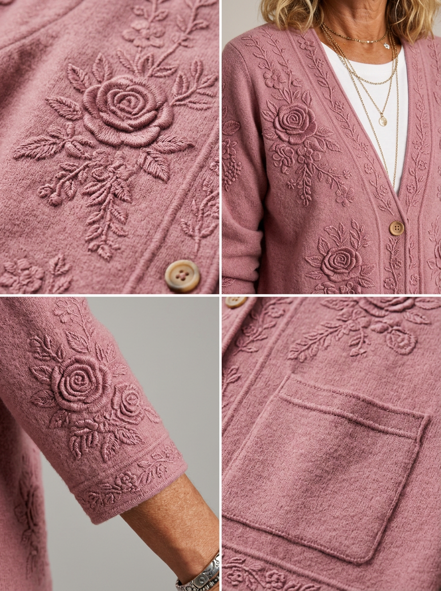 Women's Breast Cancer Awareness Pink Floral Embossed Printed Cardigan