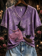 Women's Pink Witch-Themed Print Casual T-Shirt