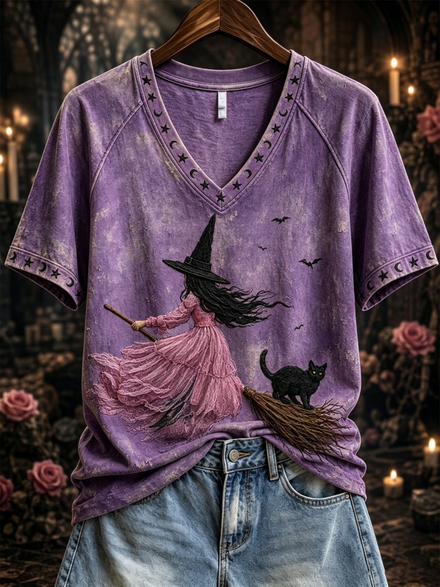 Women's Pink Witch-Themed Print Casual T-Shirt
