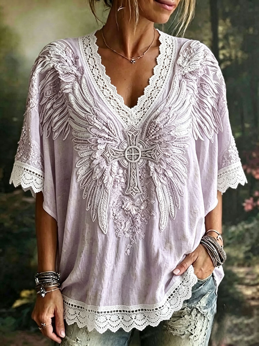 Women's Elegant Wings, Cross, Floral Cotton Linen Top