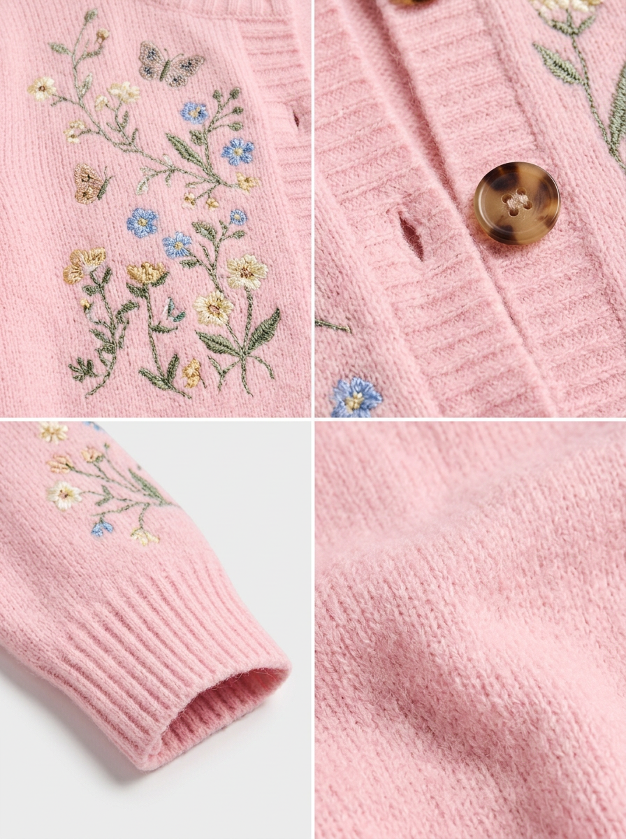 Women's Breast Cancer Awareness Butterfly Floral Embroidered Cardigan