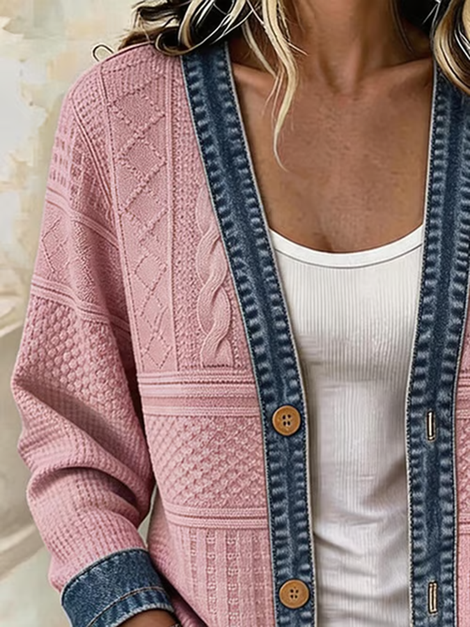 Women's Casual Printed Waffle-Knit Panel Cardigan