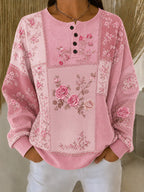 Women'S Floral Henry Collar Casual Long Sleeved Sportswear
