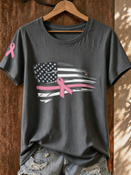 Women's Simple Breast Cancer Combined With Flag Printed T-Shirt