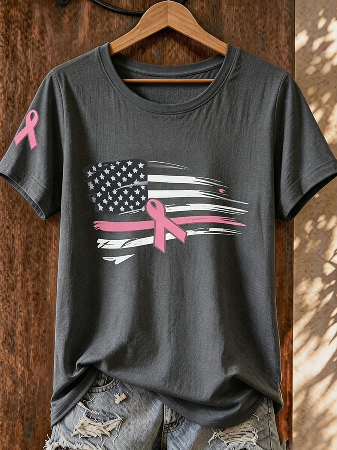 Women's Simple Breast Cancer Combined With Flag Printed T-Shirt