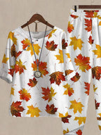 Maple Leaf Print Casual Two Piece Suits
