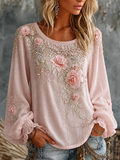 Women'S Floral Pattern Long Sleeved Linen Shirt