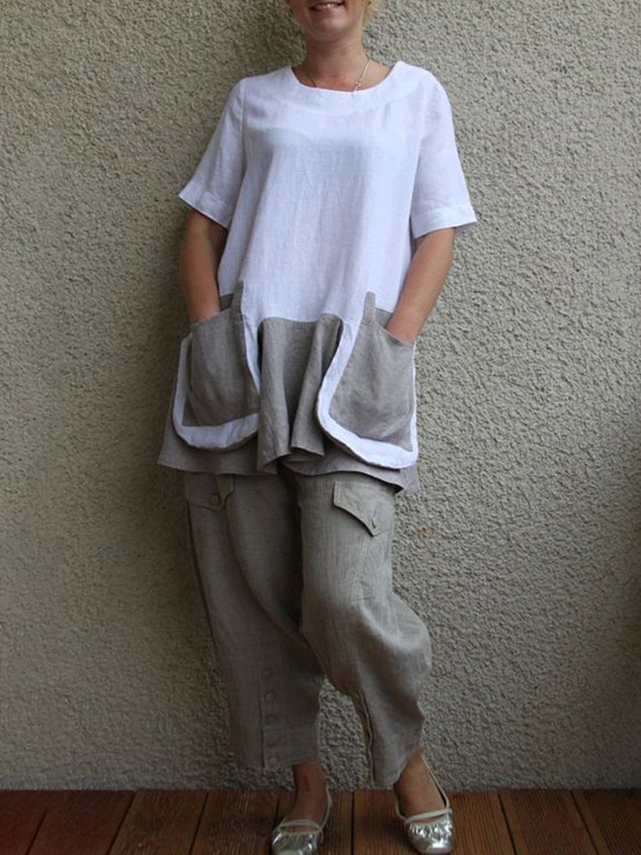 Cotton And Linen Short Sleeve Big Pocket Women's Suit