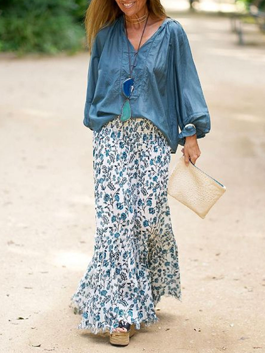Casual Loose Plain Top And Floral Skirt Set