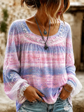 Women'S Printed Casual Cotton Linen Pink Gradient Top