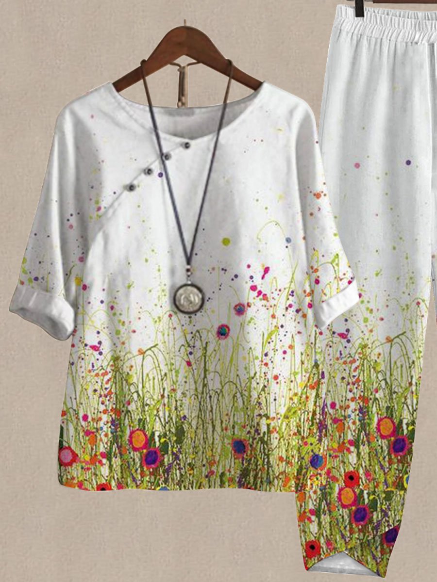 Oil Botanical Print Top And Pants Two-piece Suits