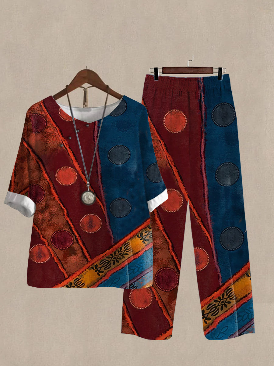 Linen Casual Women's Geometry Pattern Print Two Pieces Set